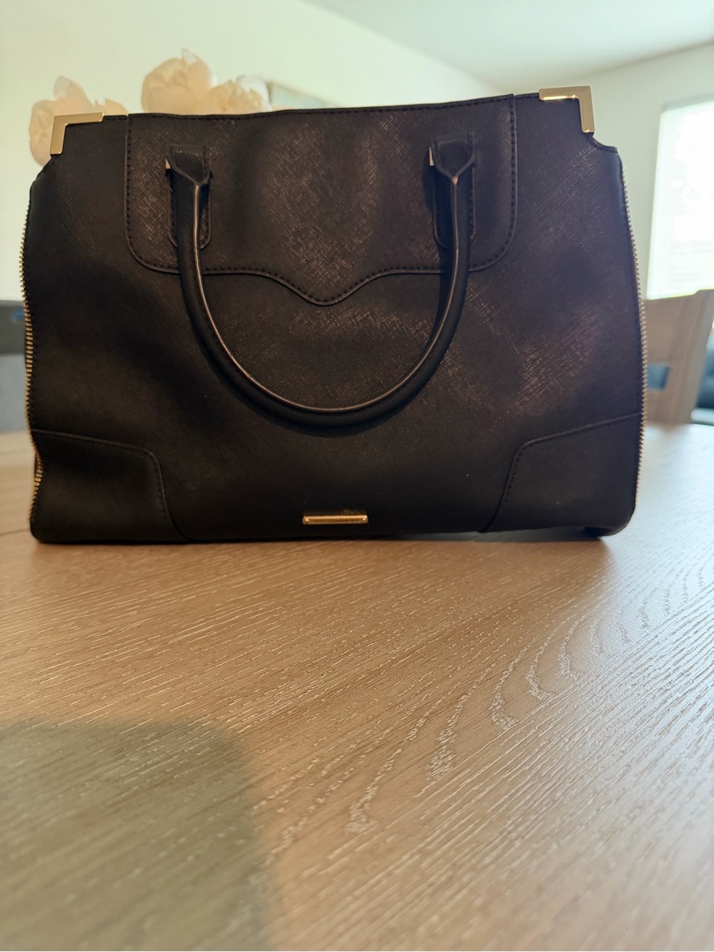 Rebecca Minkoff Black Saffiano Shoulder Bag with Gold Accents